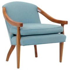 Elegant Club Lounge Chair or Side Chair by Baker, Walnut and Blue Fabric