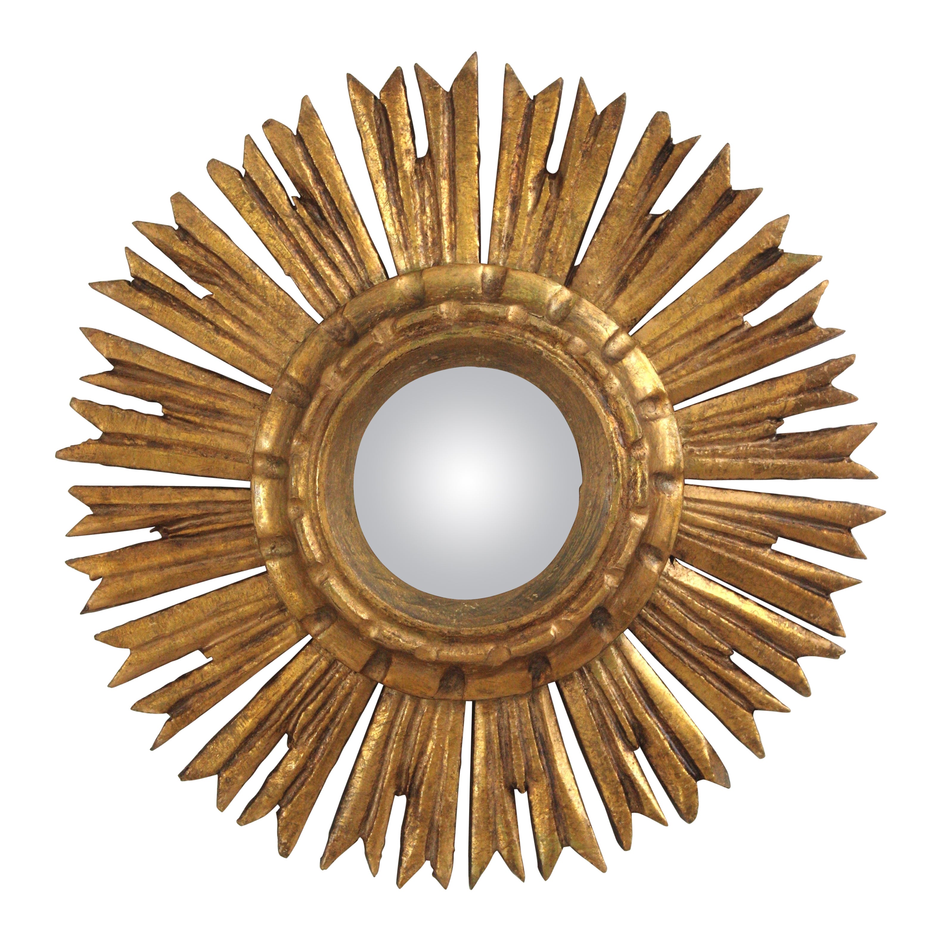 Miroir baroque espagnol des années 1940 en bois doré avec verre convexe