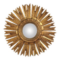 1940s Spanish Baroque Giltwood Sunburst Mirror with Convex Glass