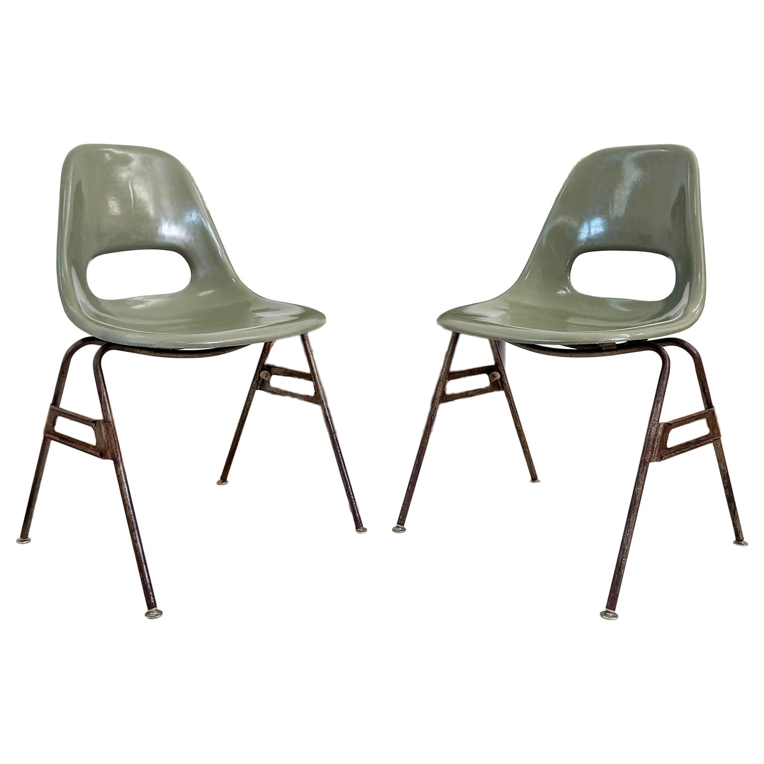 Pair Mid Century Avocado Green Fiberglass Eames Style stacking Side Chair -2 pcs