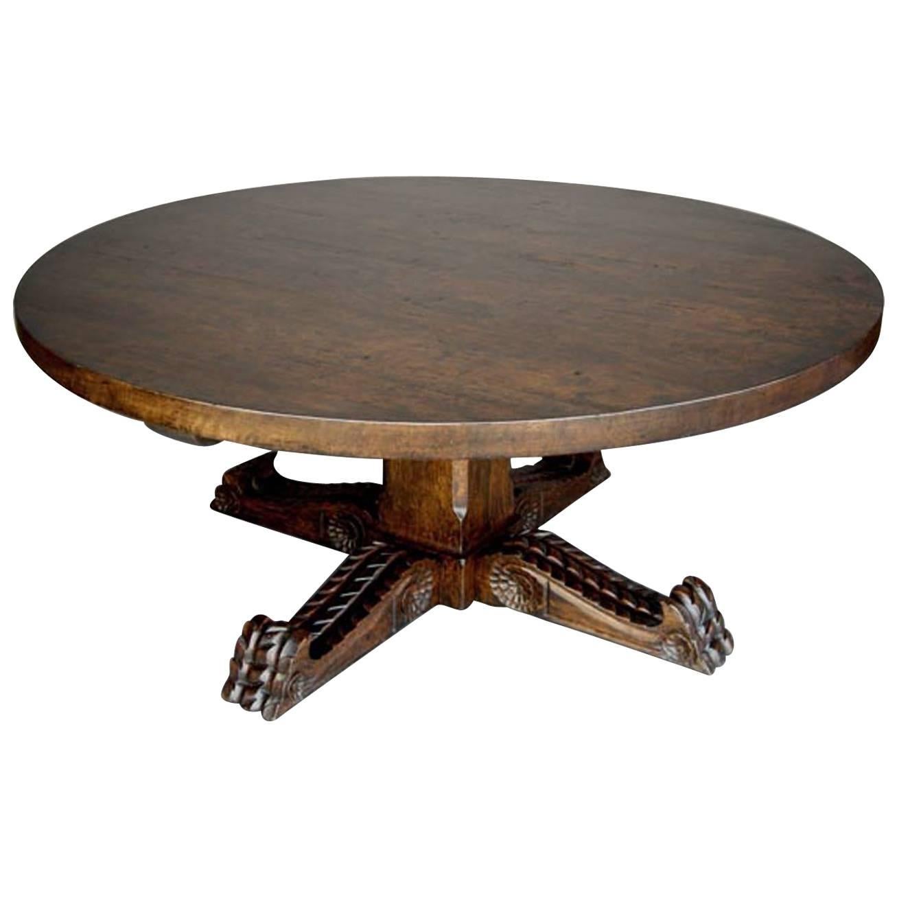 Dos Gallos Custom Carved Oak Wood Round Pedestal Coffee Table