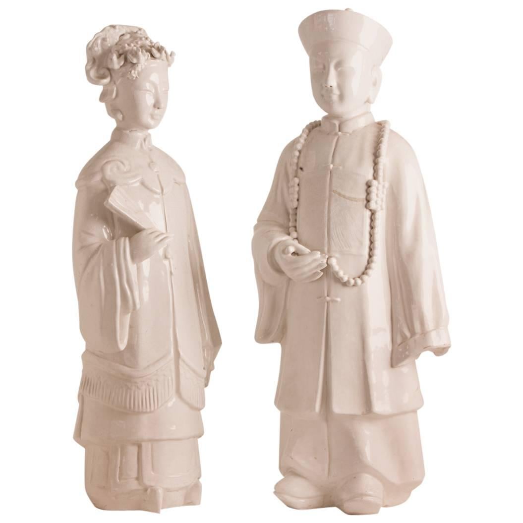 Decorative Pair of Chinese Style White Glazed Ceramic Figures