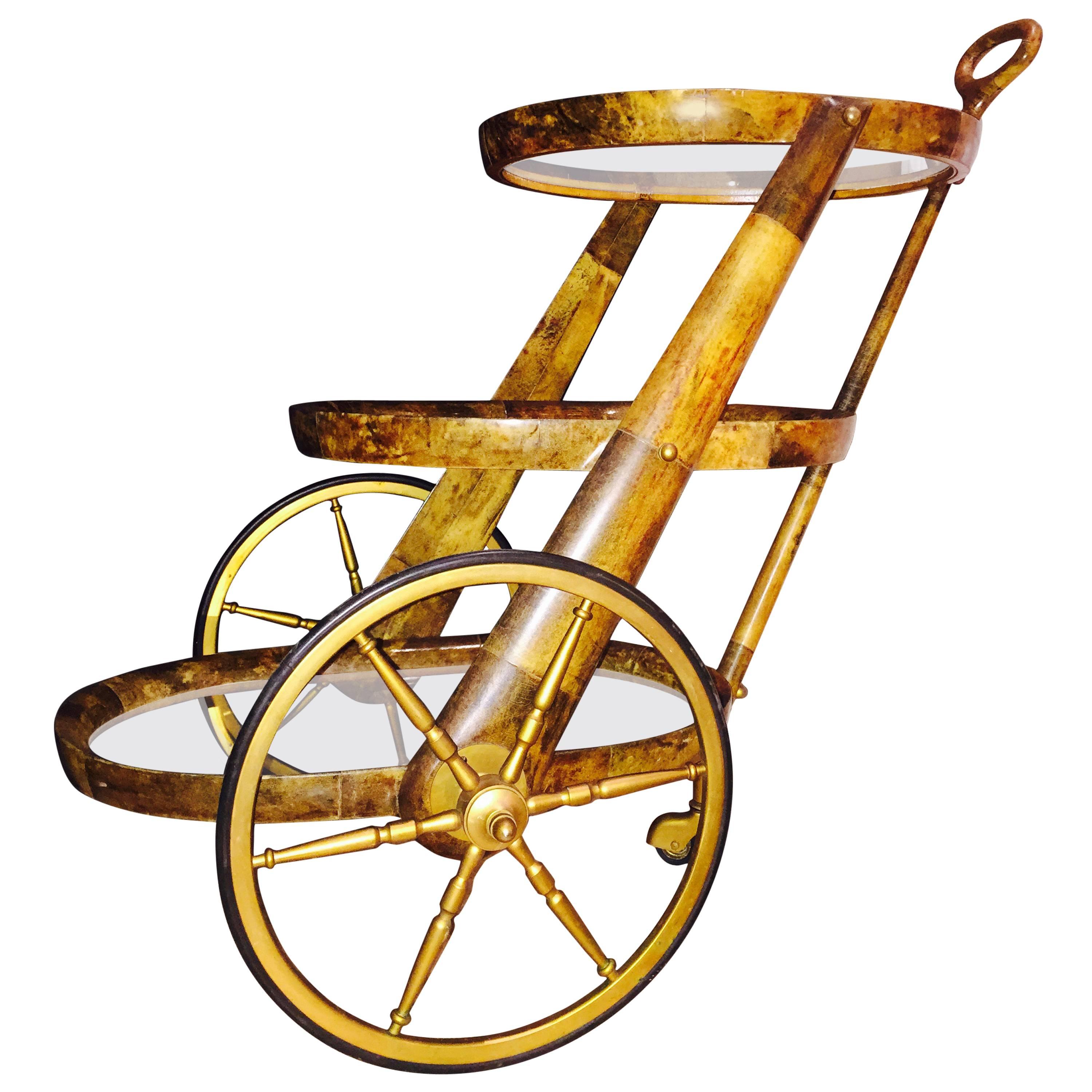 Aldo Tura Goatskin Three-Tier Bar Serving Cart