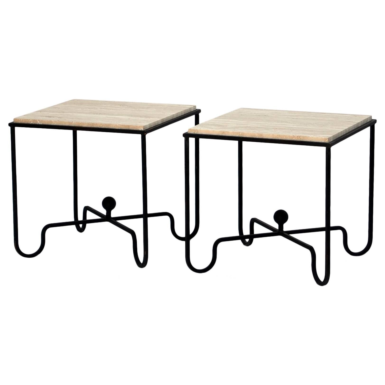 Pair of Wrought Iron and Travertine Side Tables after Mathieu Matégot