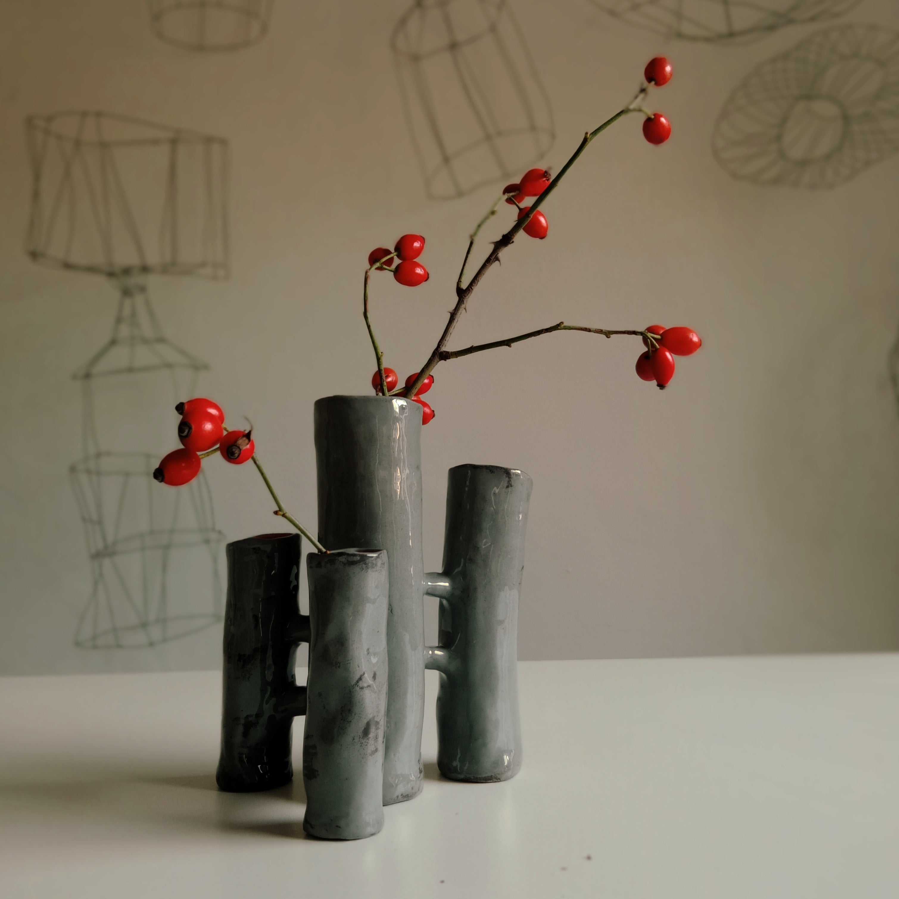 Communicating Vases 4 elements GREY  in ceramic XXI Century by Chiara Berta Artist