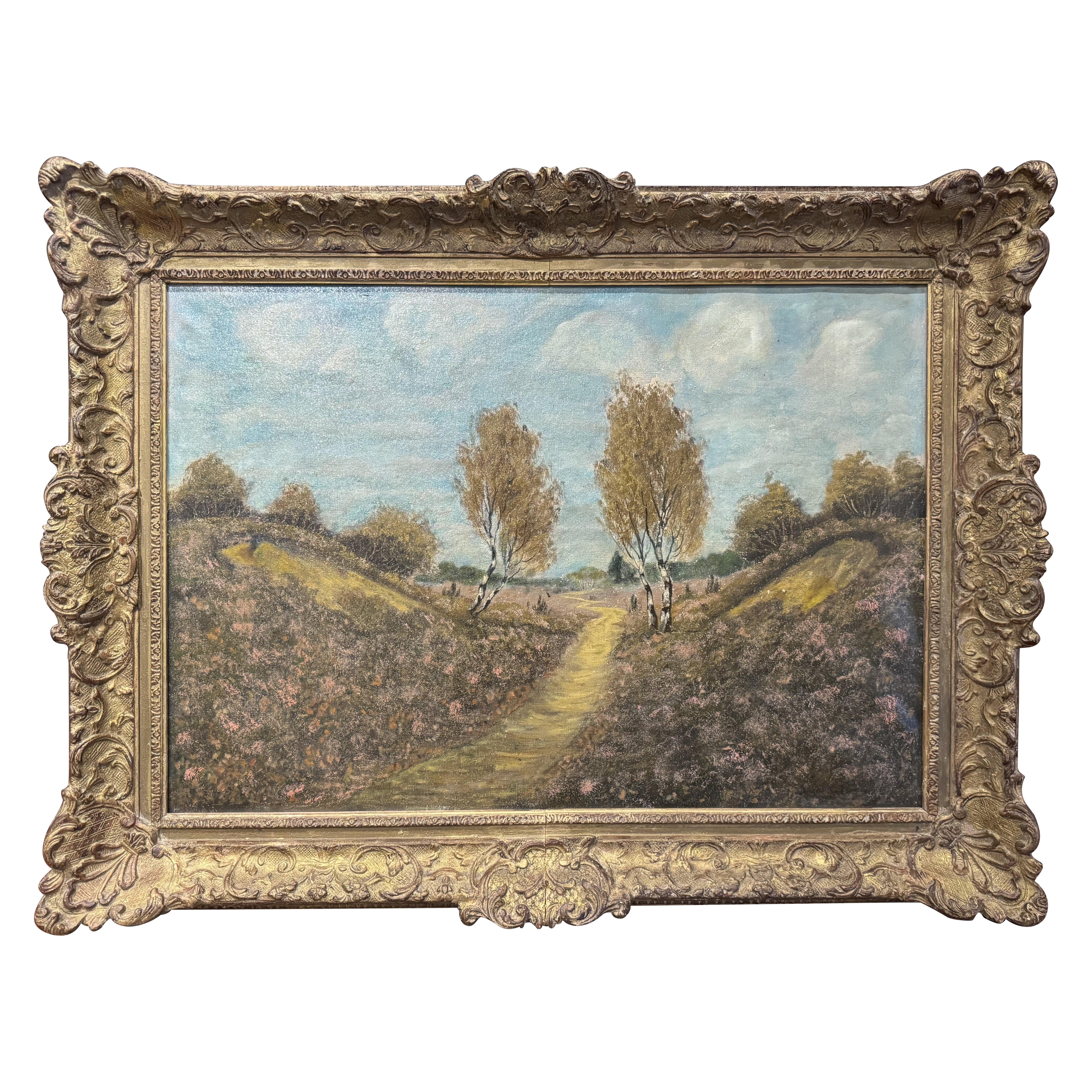 Pintura al óleo sobre lienzo del siglo XIX Paisaje en marco dorado Firmado J. Wytsman