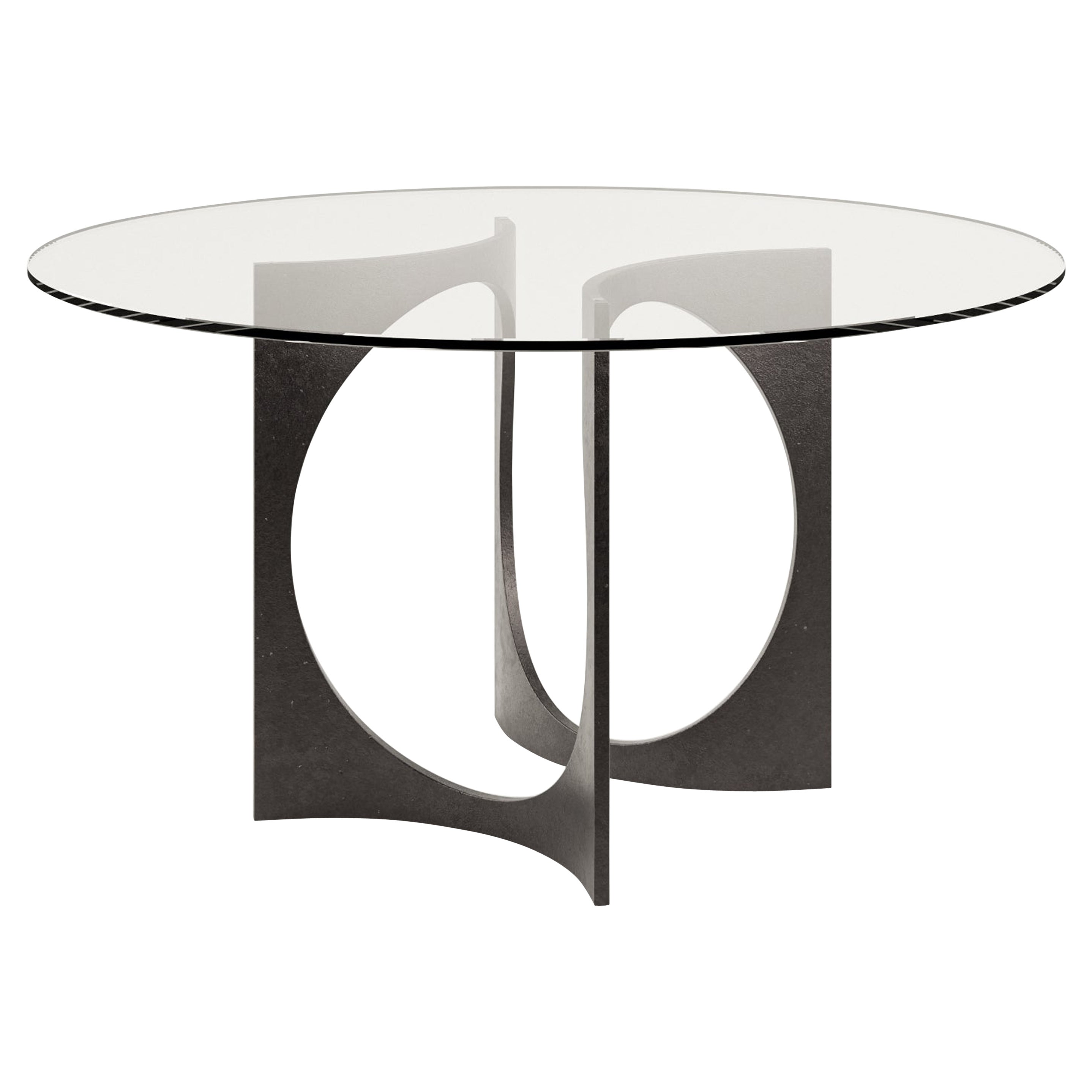 Round Fuga Dining Table in Cast Iron and Glass Top by Metamorphic Art Studio