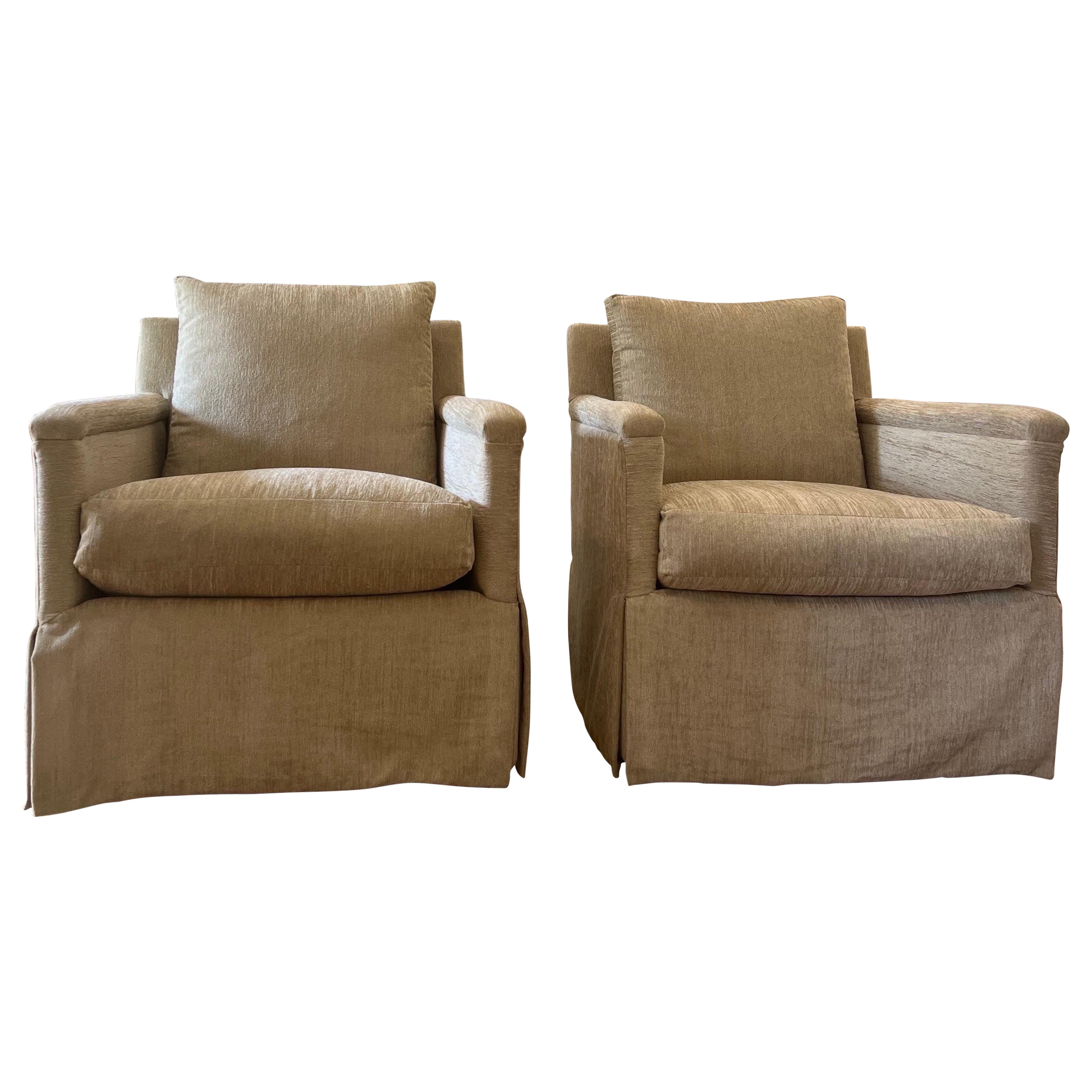 Pair of Lee Industries Skirted Swivel Armchairs - Gold/Tan Chenille