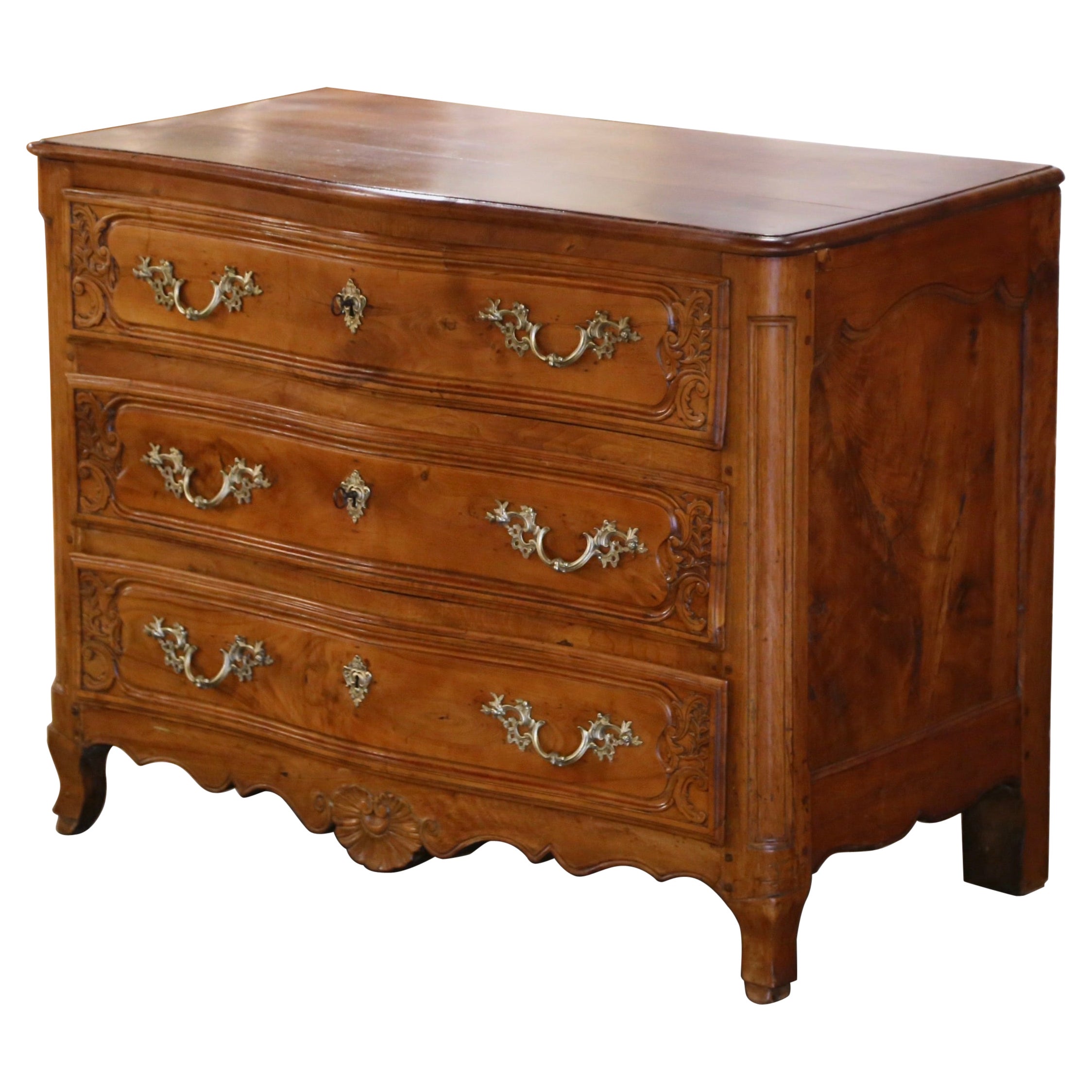 18th Century French Louis XV Carved Elm and Chestnut Three-Drawer Commode Chest