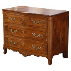 Antique 18th Century French Louis XV Carved Elm and Chestnut Three-Drawer Commode Chest