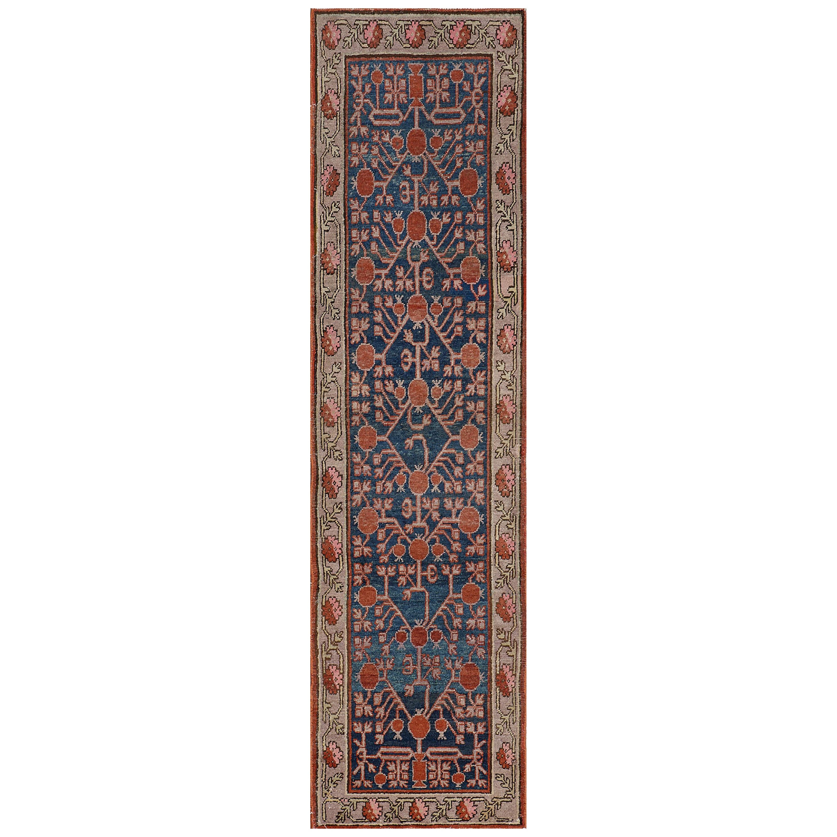 Hand-woven Antique Indigo-Blue Pomegranate Khotan Runner