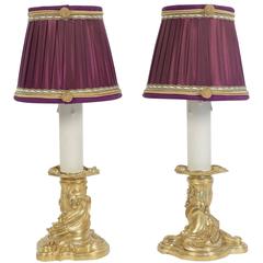 Antique Pair of French Napoleeon III Period Gilt Bronze Candlestick Lamps, circa 1860