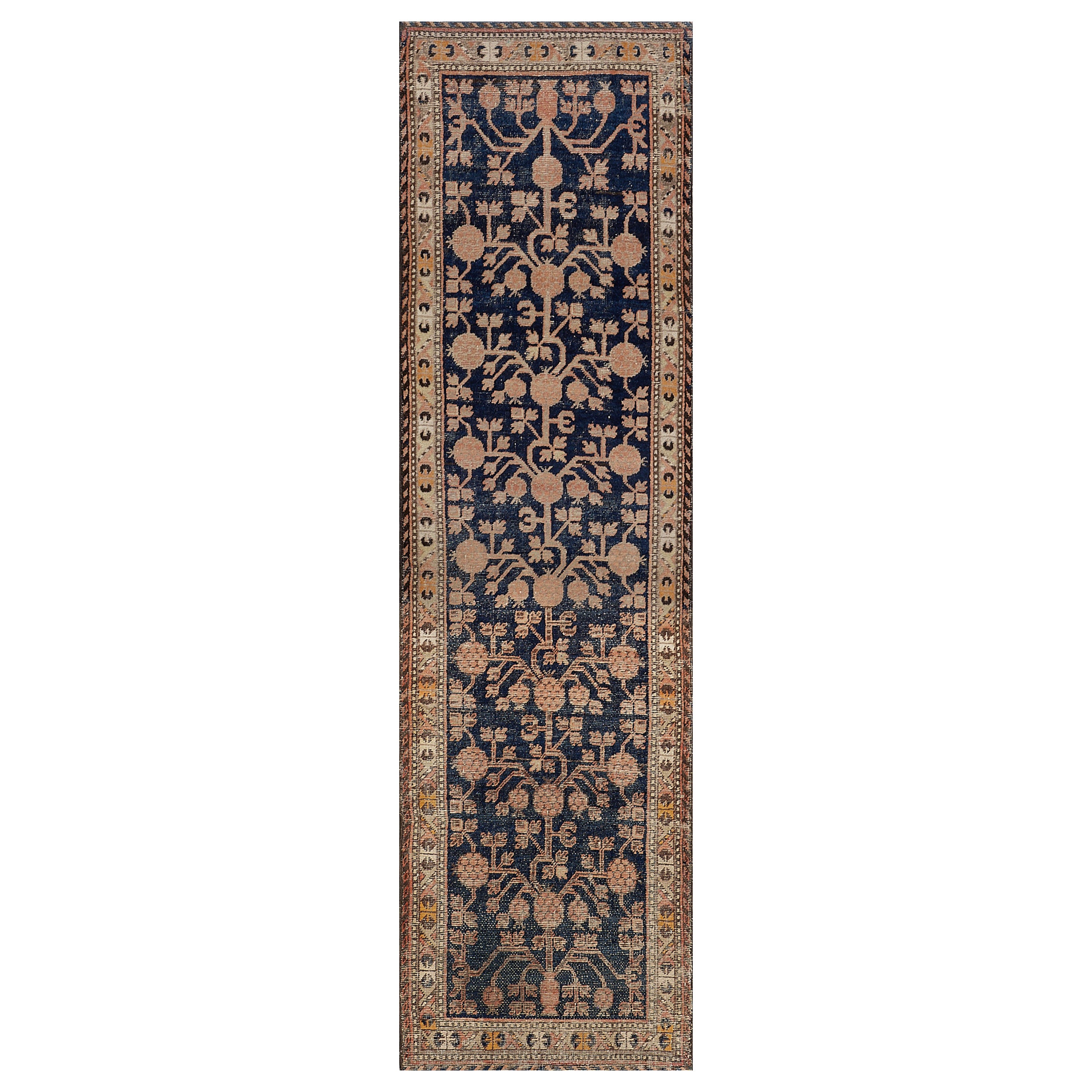 Authentic Antique Hand-woven Royal-Blue Pomegranate Khotan Runner