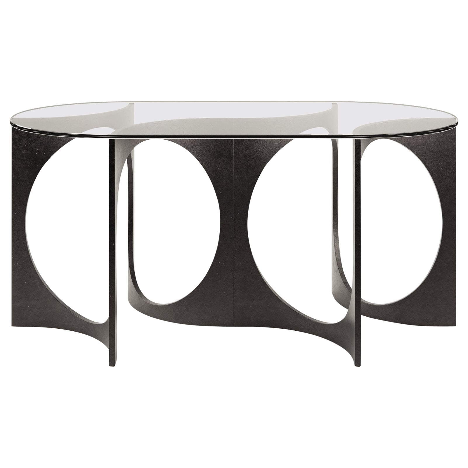 Consola Duo Ellipse Fuga de hierro fundido y tapa de cristal by Metamorphic Art Studio