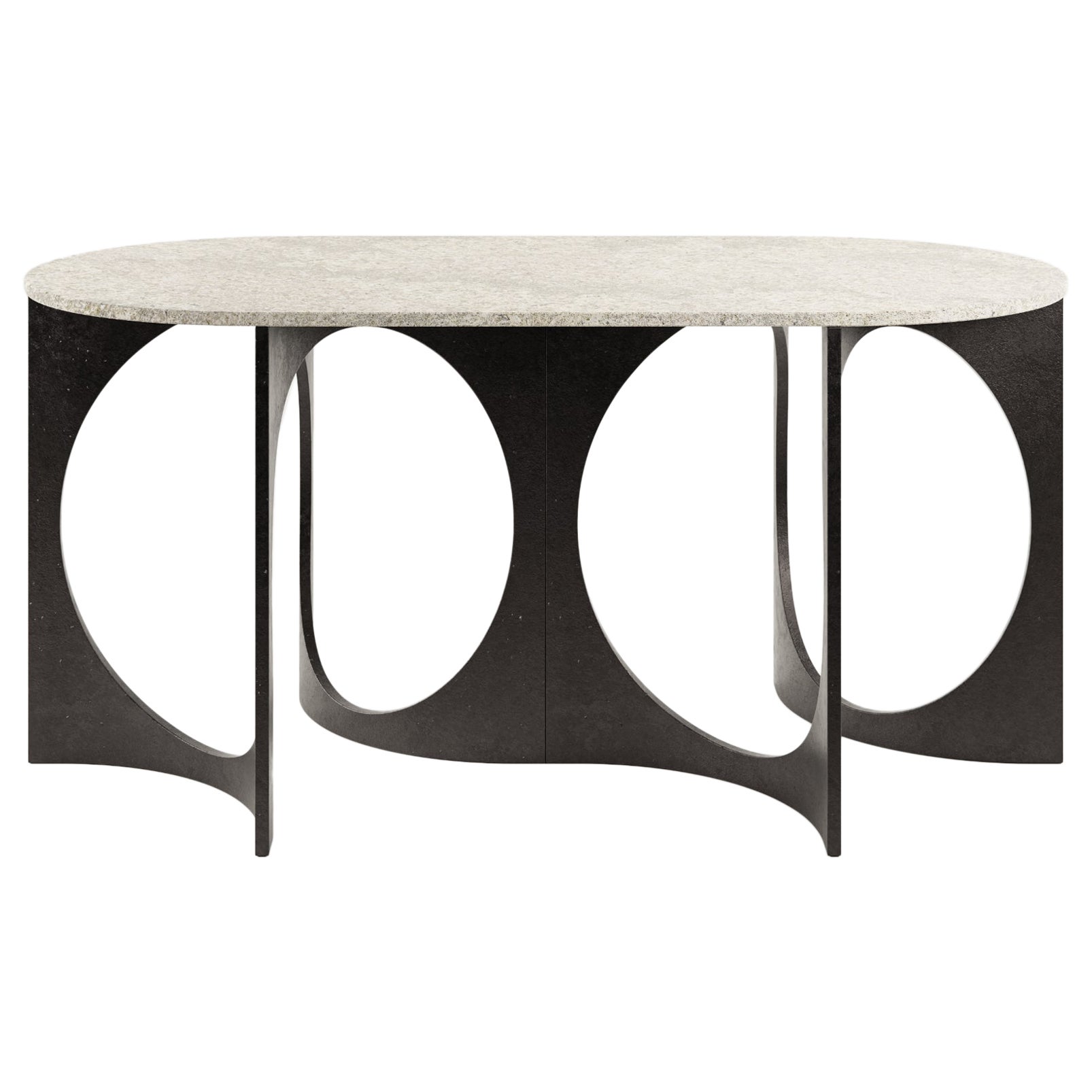 Ellipse Fuga Duo Console in Cast Iron and Oblong Stone by Metamorphic Art Studio