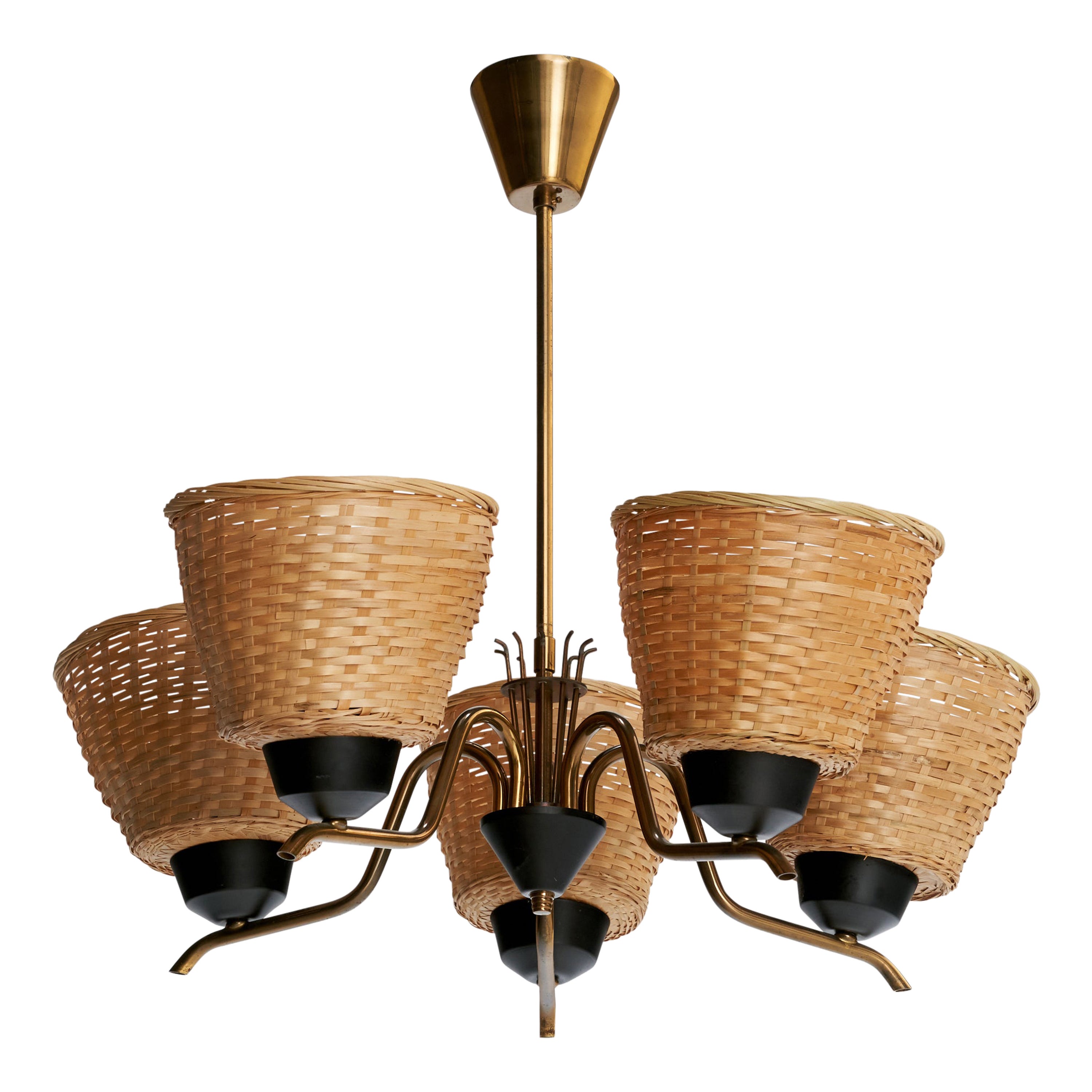 Finnish Designer, Chandelier, Brass, Metal, Rattan, Finland, 1950s