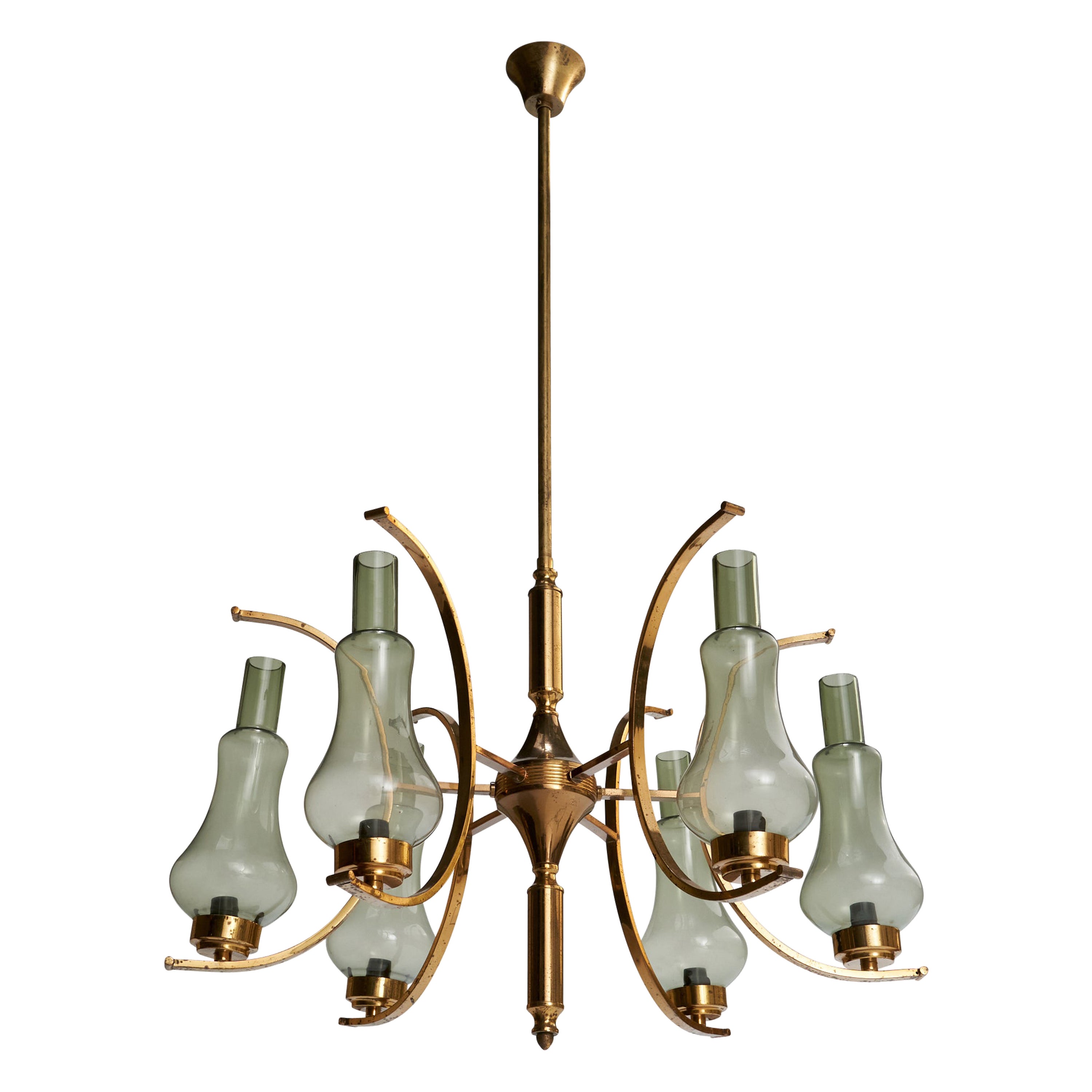 Italian Designer, Chandelier, Brass, Glass, Italy, 1940s