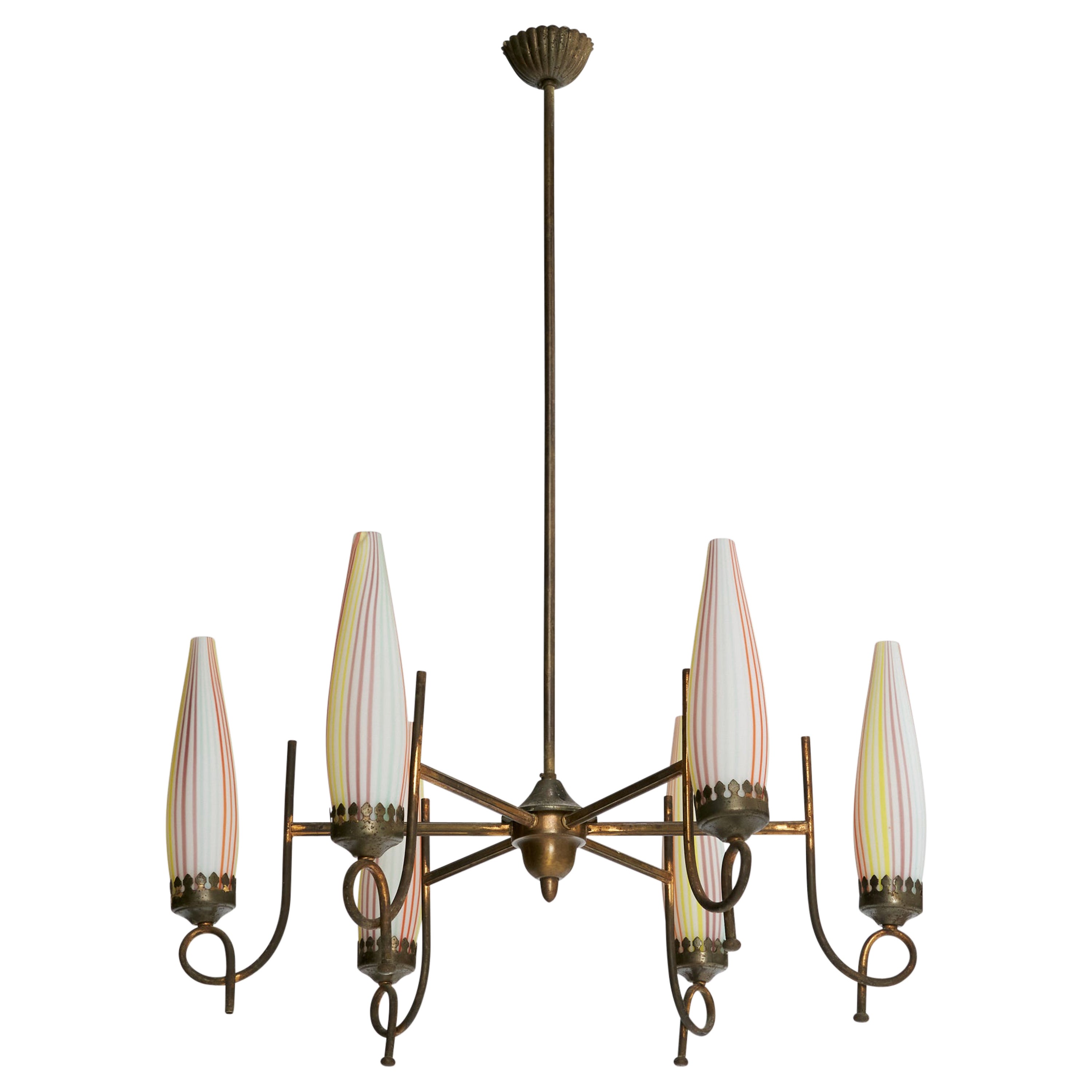 Italian Designer, Chandelier, Brass, Glass, Italy, 1940s