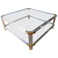 Large French Lucite and Brass Coffee Table