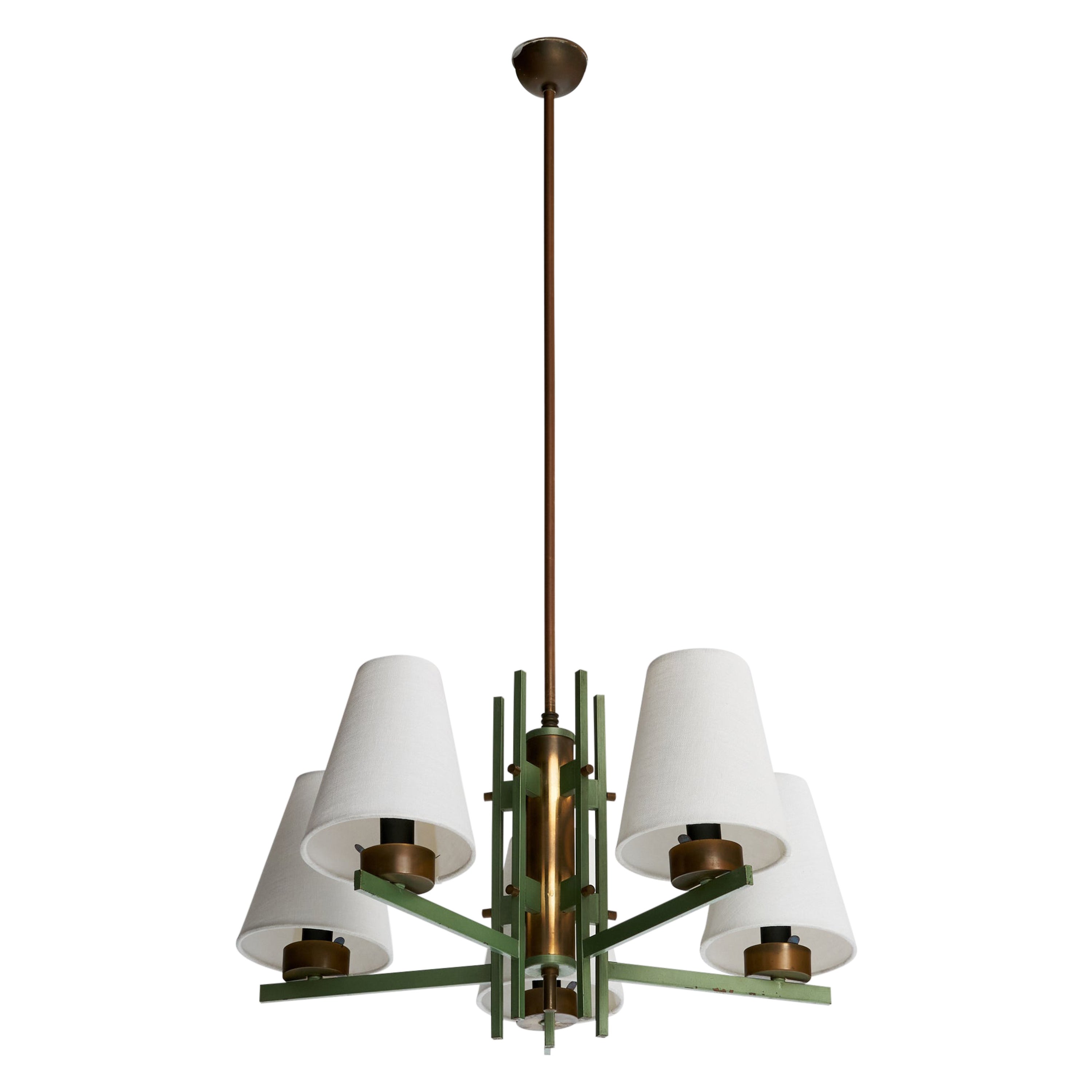 Italian Designer, Chandelier, Brass, Metal, Fabric, Italy, 1950s For Sale
