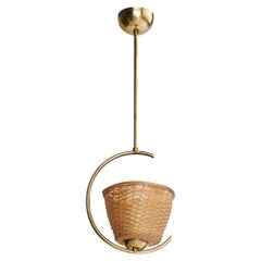 Swedish Designer, Pendant Light, Brass, Rattan, Sweden, 1950s