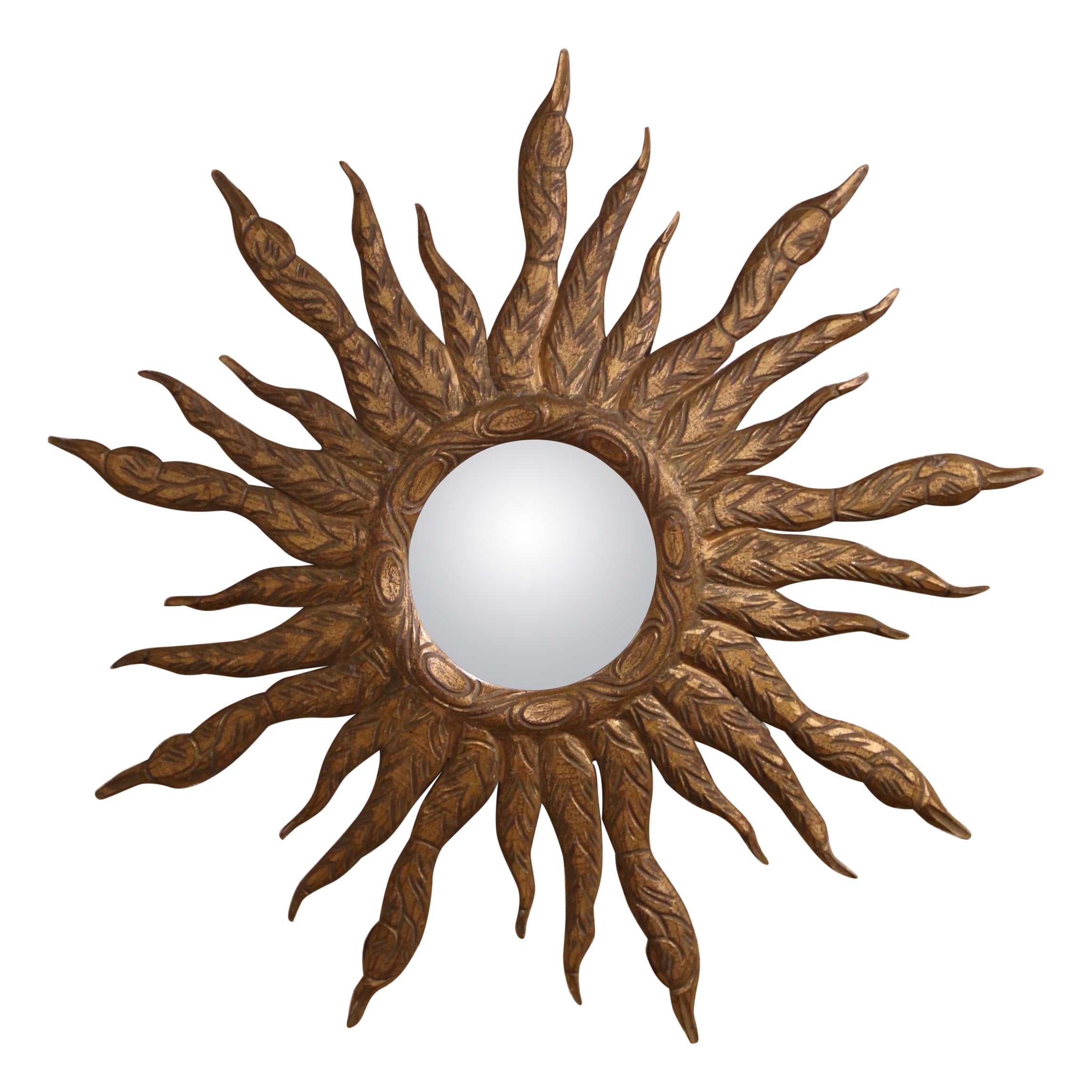 Mid-Century Französisch geschnitzt Giltwood Sunburst konvex Wandspiegel