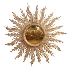 Large Mid-Century French Carved Giltwood Sunburst Convex Wall Mirror