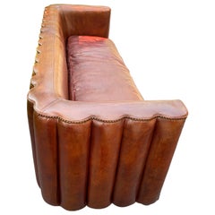 French Art Deco Style Cigar Leather Channel Back Sofa