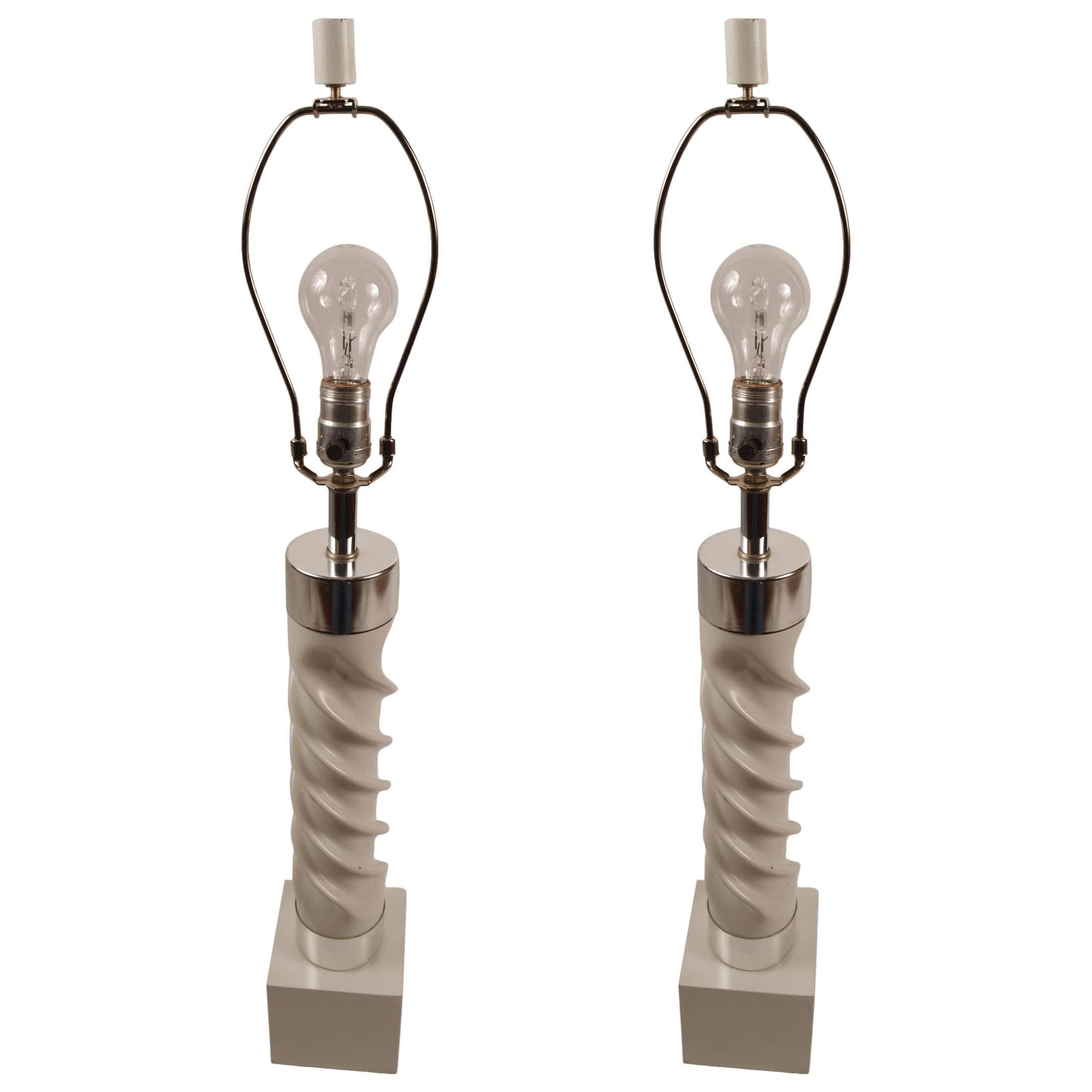 Pair of White and Chrome Twist Lamps For Sale