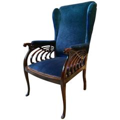 Antique Victorian Armchair Liberty Style Mahogany 19th Century Blue Velvet