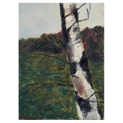 Hanna Brundin, artiste suédoise. Huile sur toile. Paysage avec bouleau