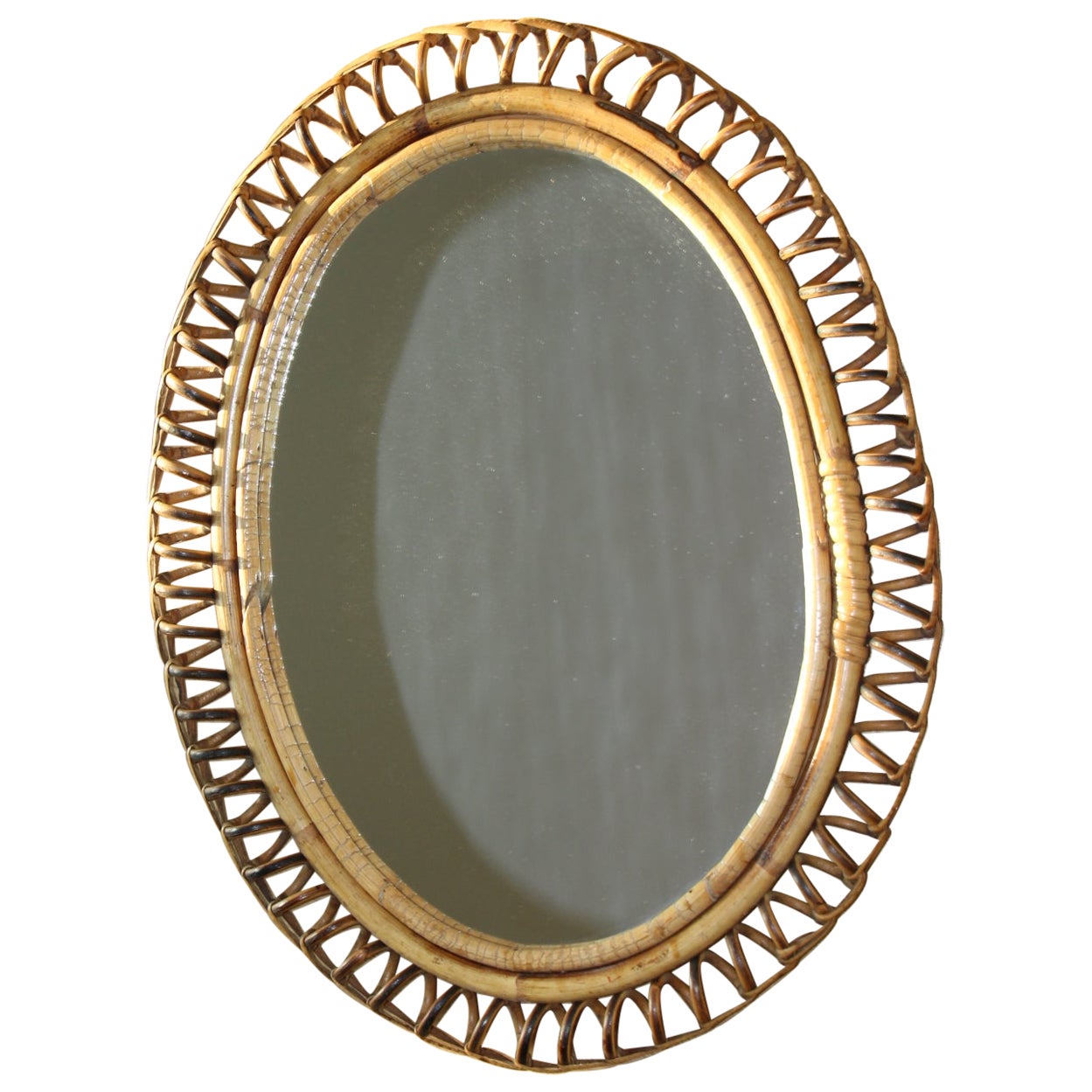 1960s Rattan and Bamboo Oval Wall Mirror by Franco Albini