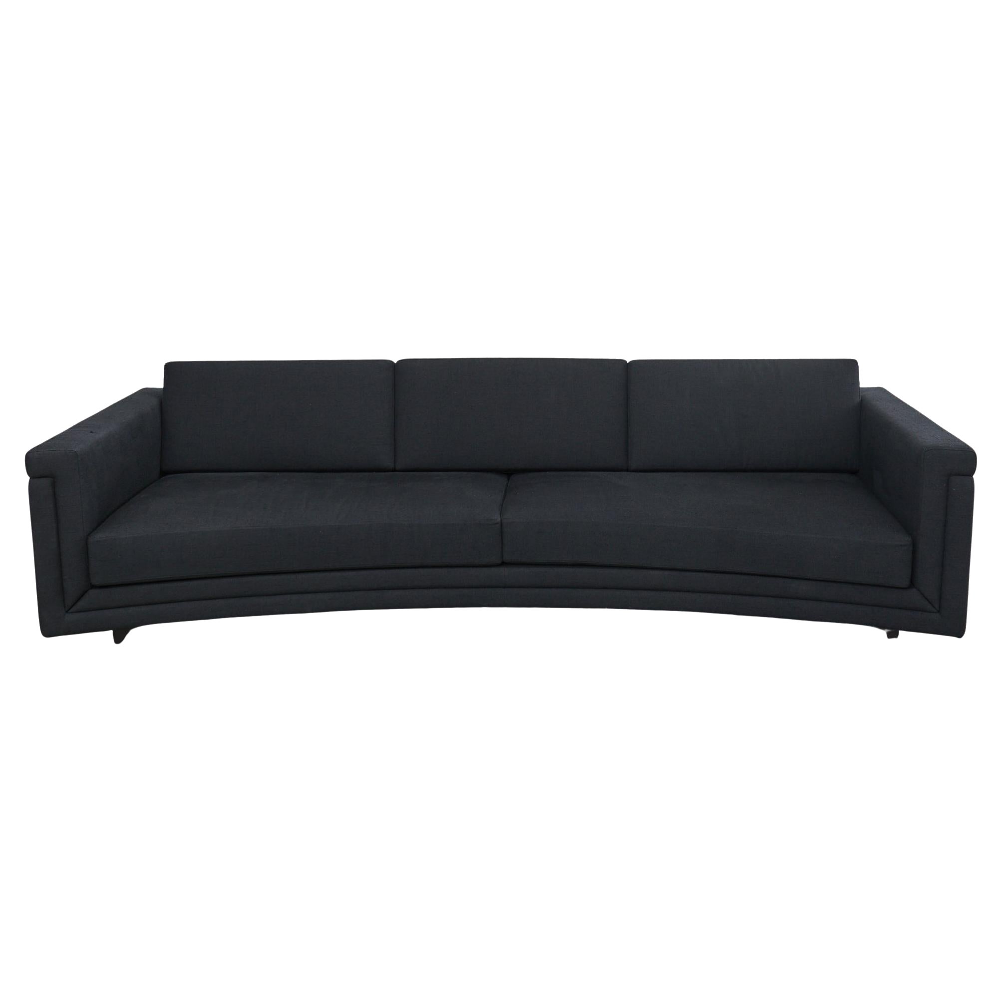 Modern Curved Sofa in Black Linen After Edward Wormley For Sale
