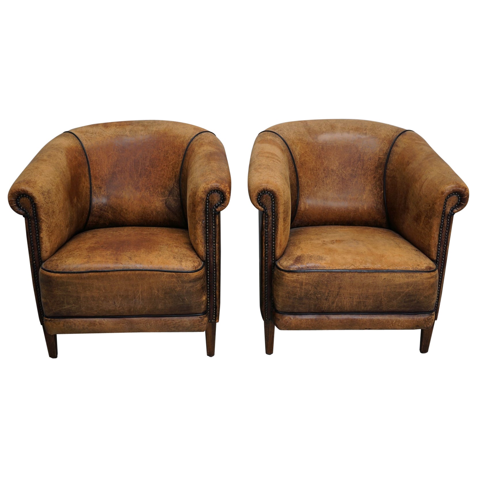 Vintage Dutch Cognac Colored Leather Club Chair, Set of 2