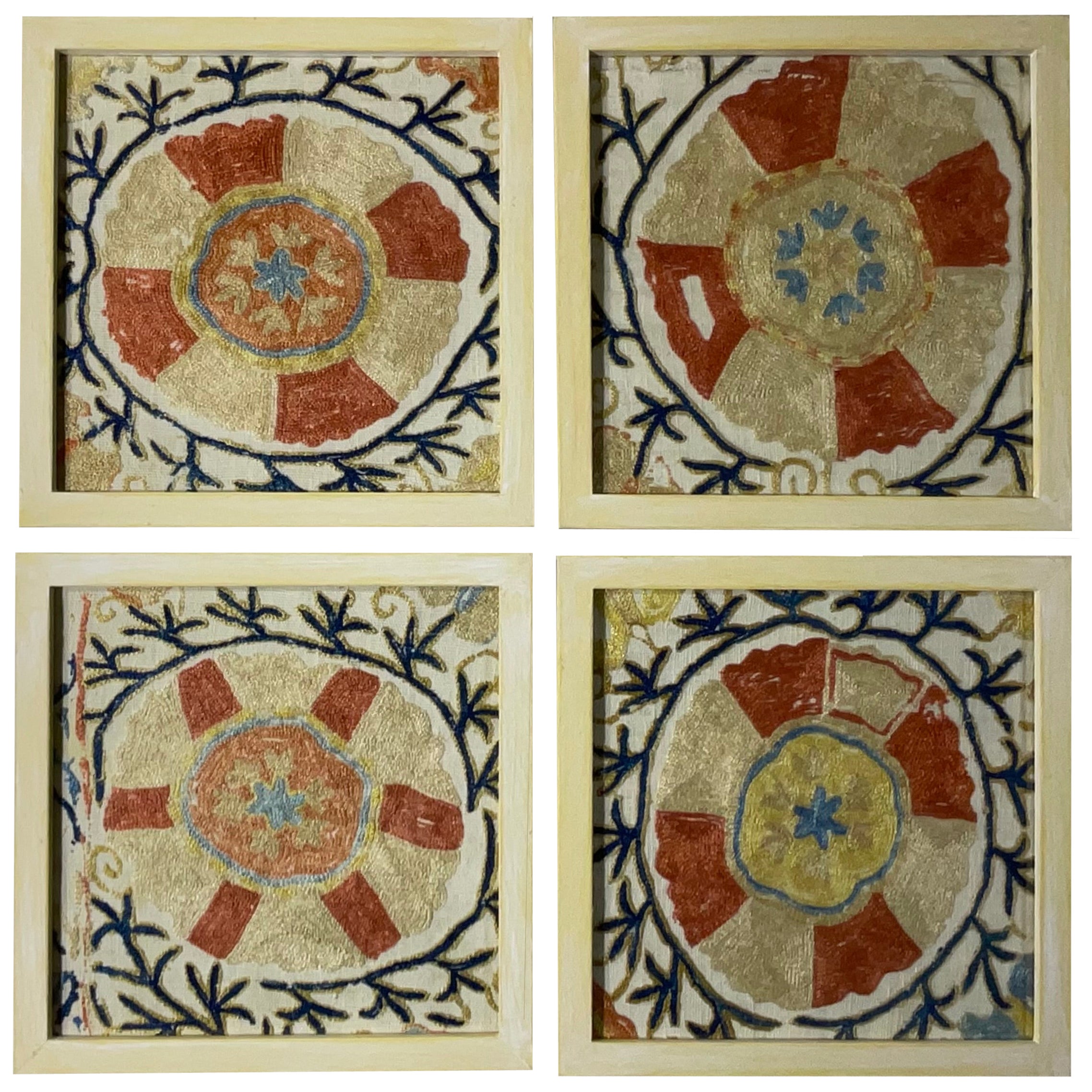 Set Of Four 19 Century Antique Silk Suzani Wall Hanging
