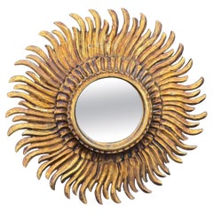 Vintage Round Mid-Size Gold-Leaf Starburst Sunburst Wall Mirror, Italy