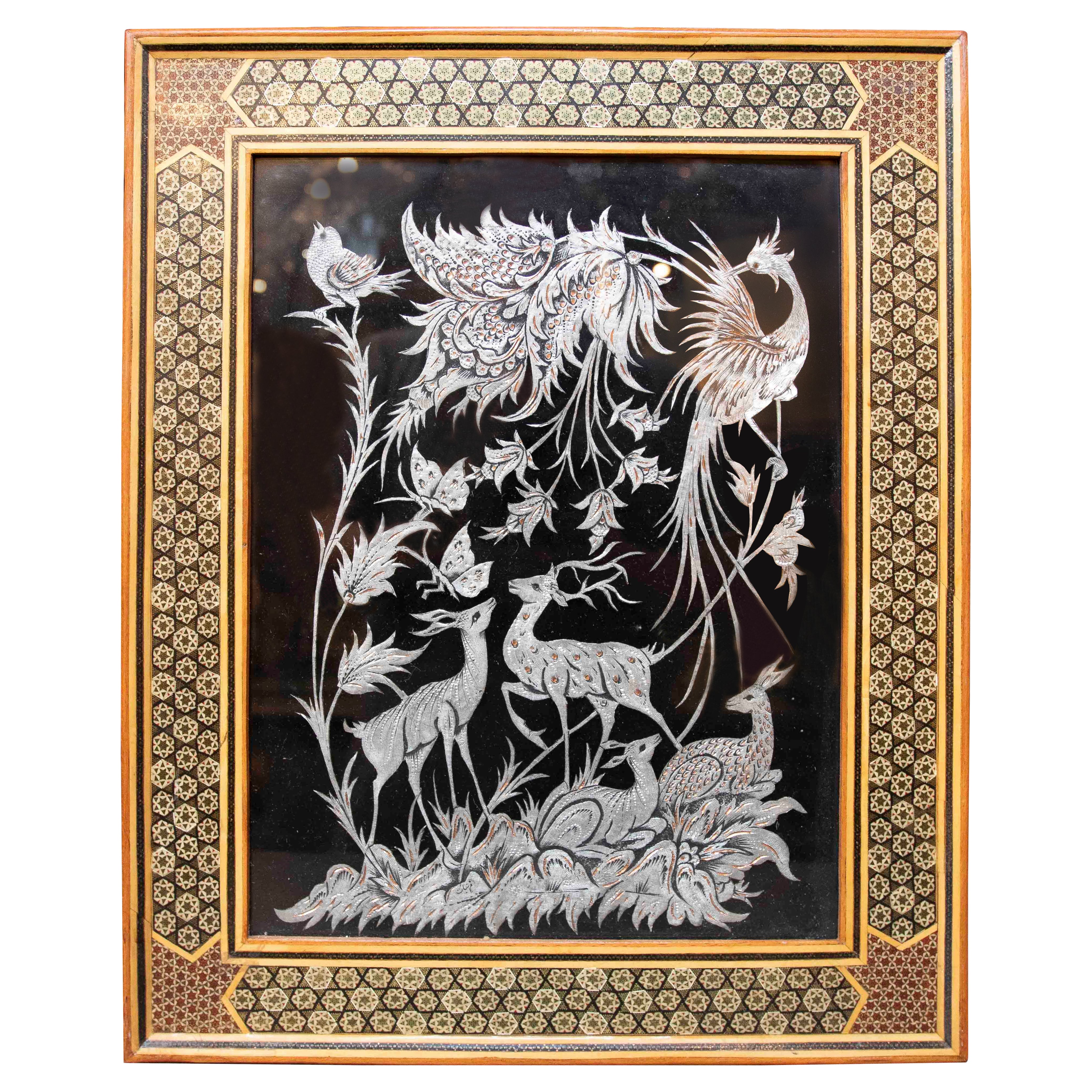 1970s Picture with Decoration of Birds with Metal Work with Inlay Frame