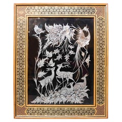 1970s Picture with Decoration of Birds with Metal Work with Inlay Frame