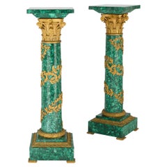 Pair of French Empire Style Malachite and Gilt Bronze Pedestals