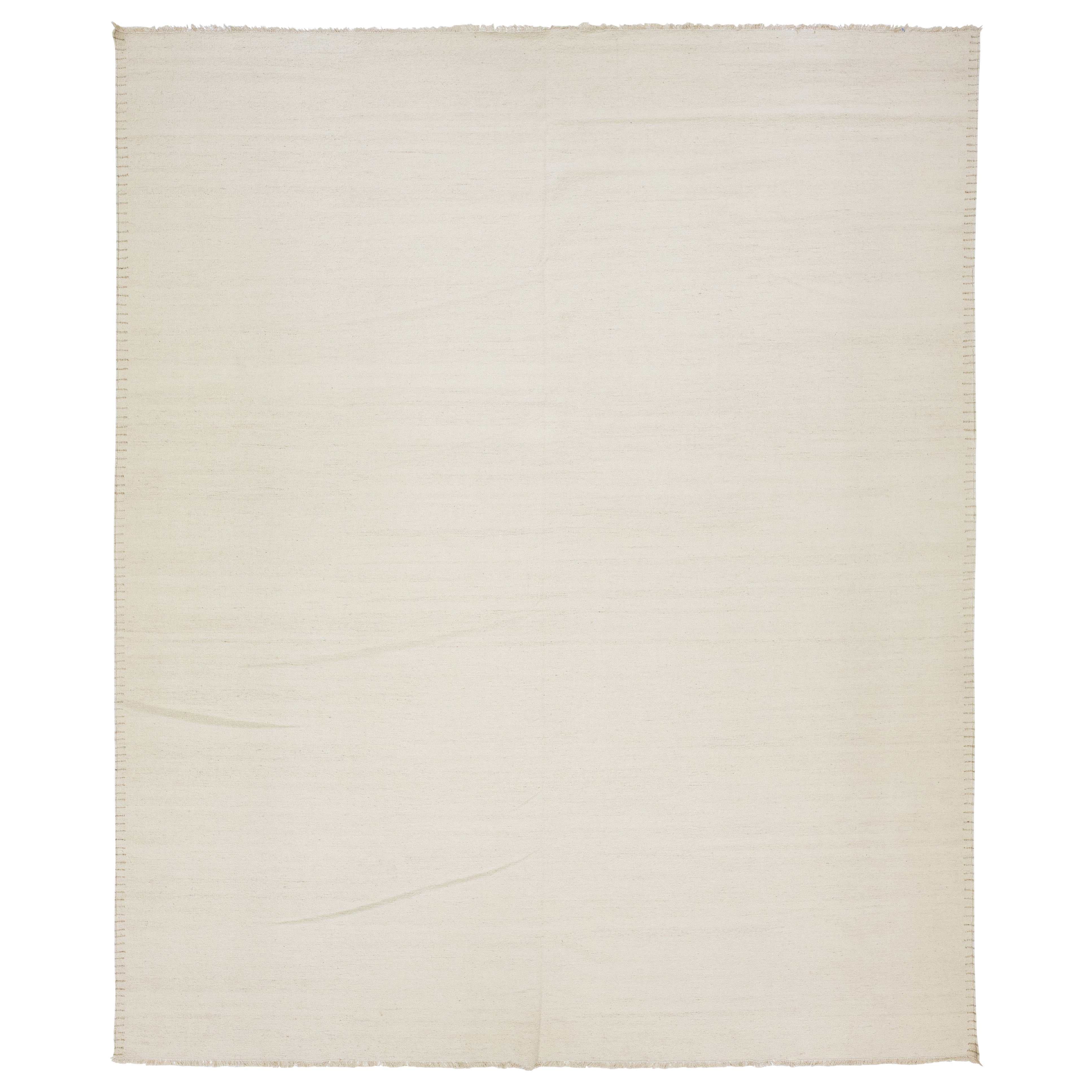 Modern Handmade Natural Beige Dhurrie Wool Rug