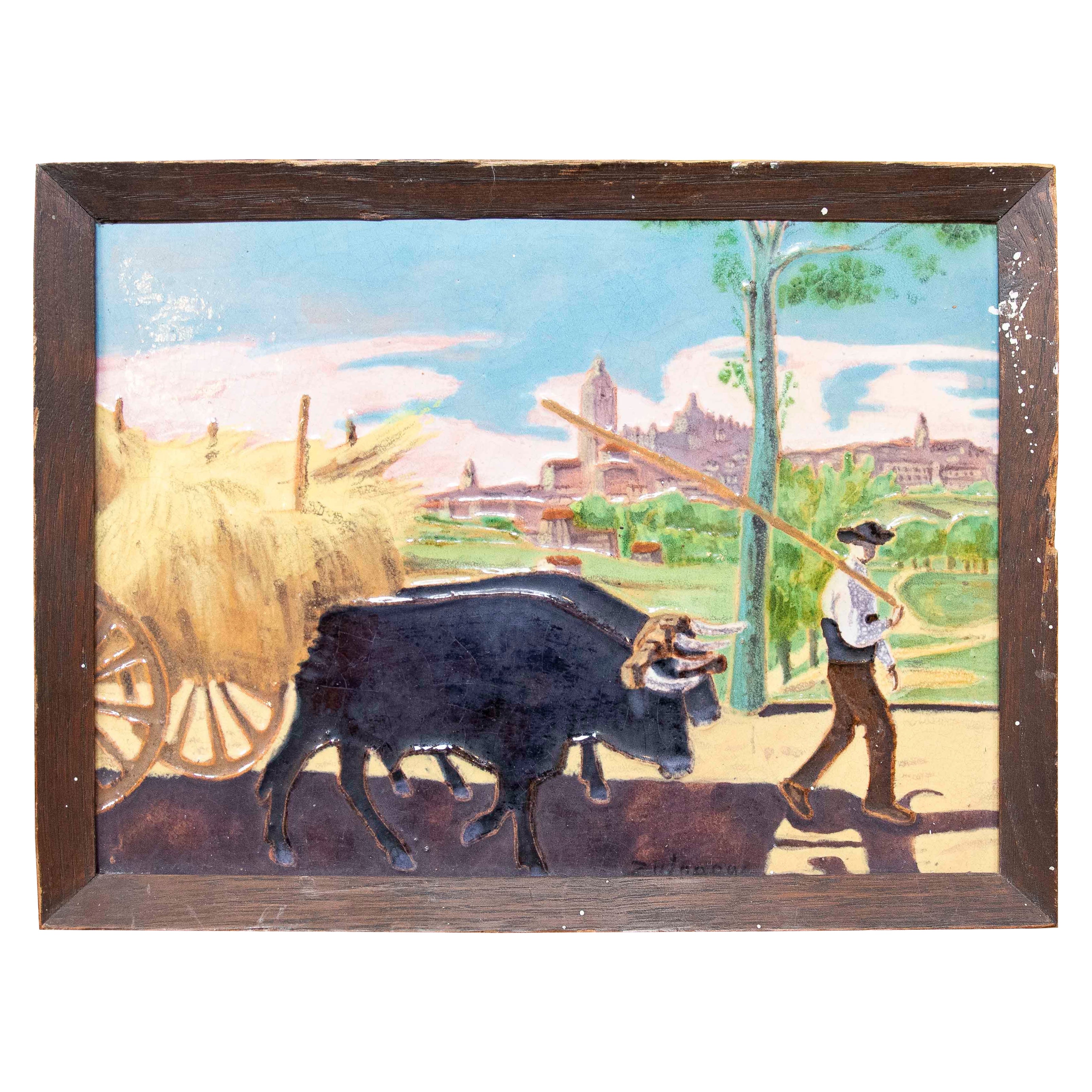 1900s Ceramic Tile of Peasant with Cows and Cart by Artist Daniel Zuloaga For Sale
