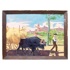 Piastrella in ceramica del 1900 raffigurante un contadino con mucche e carro dell'artista Daniel Zuloaga