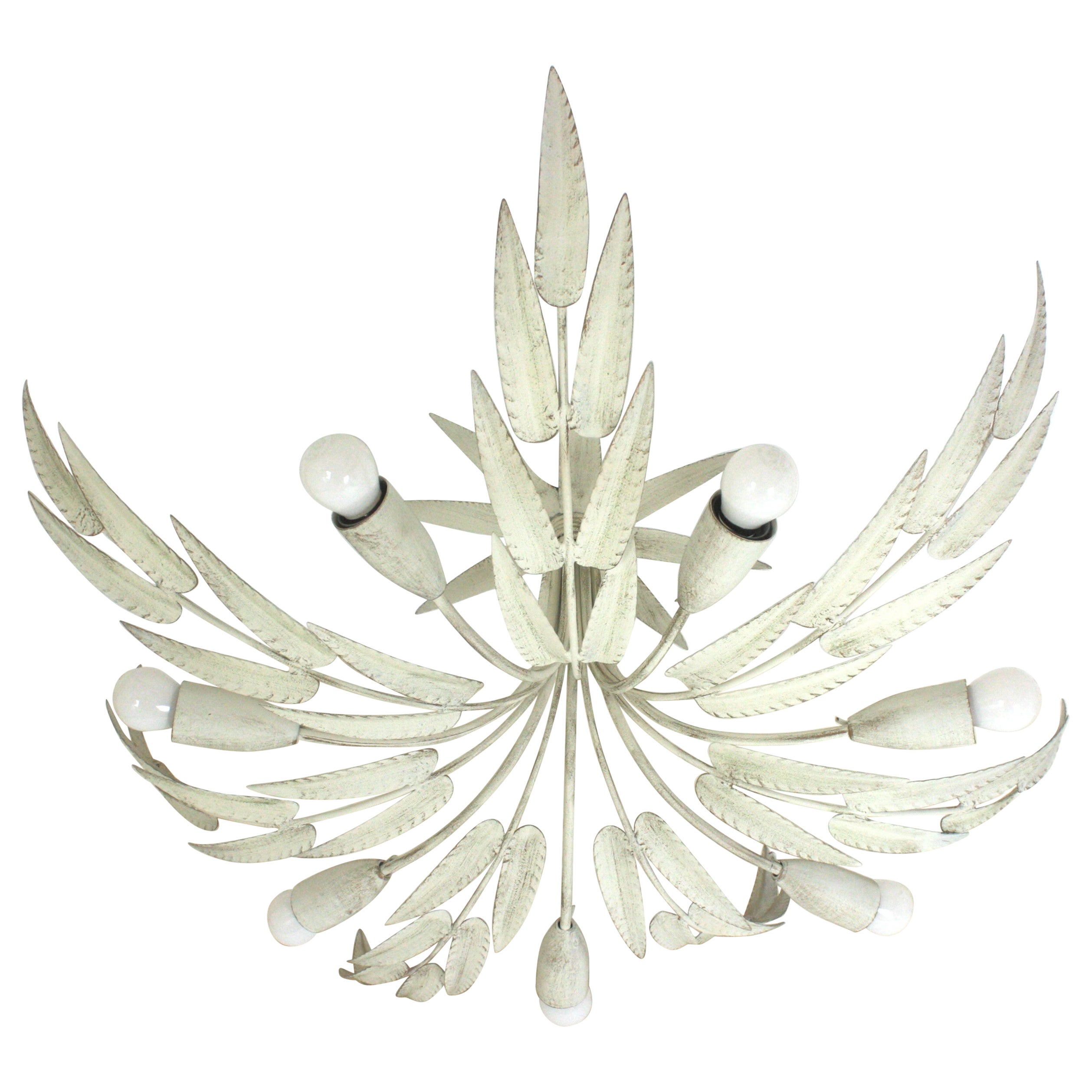 Spanish Foliage Sunburst Iron Light Fixture / Chandelier, White Patina, 7 Lights