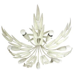 Spanish Foliage Sunburst Iron Light Fixture / Chandelier, White Patina, 7 Lights