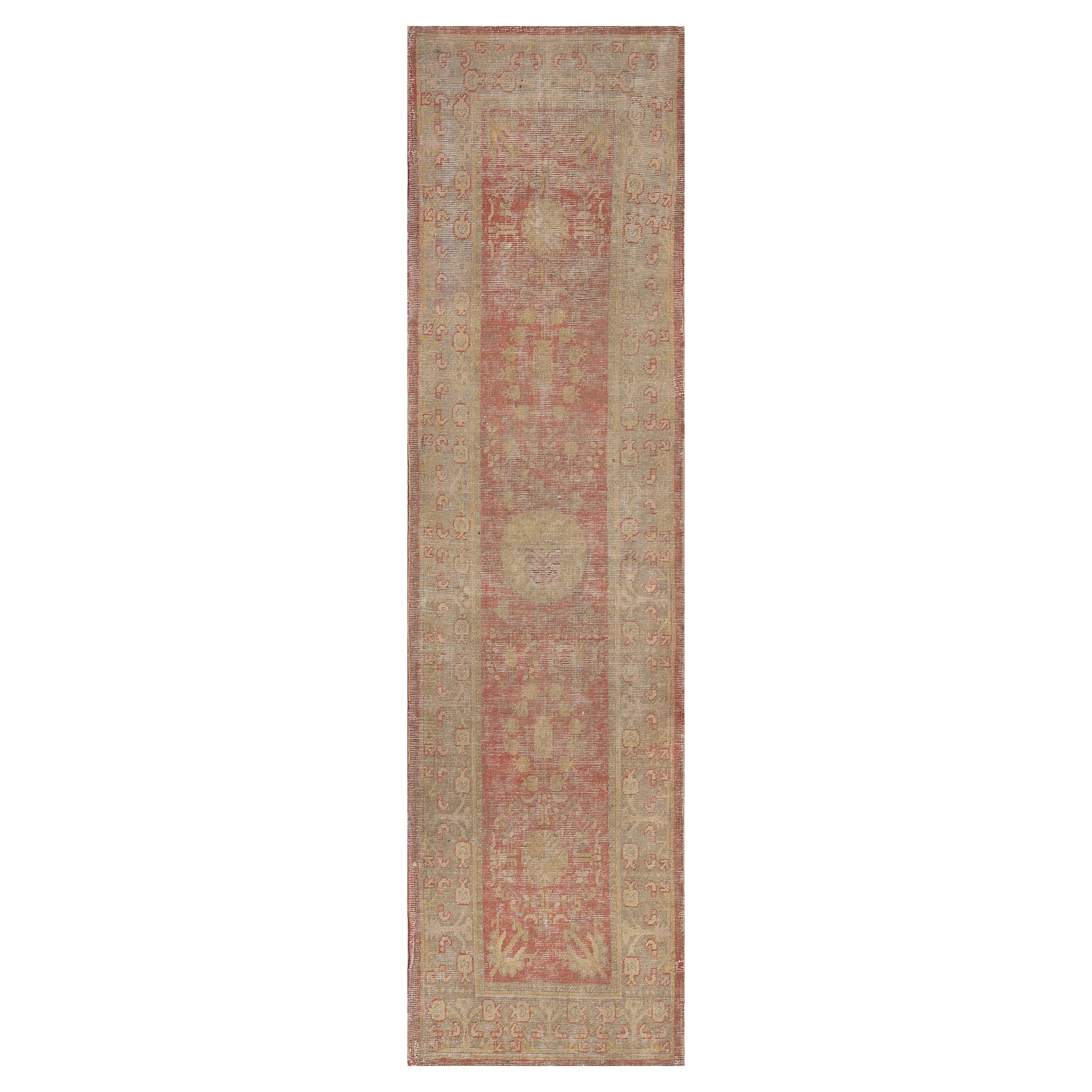Antique Hand-Woven Coral-Red Floral Khotan Runner For Sale