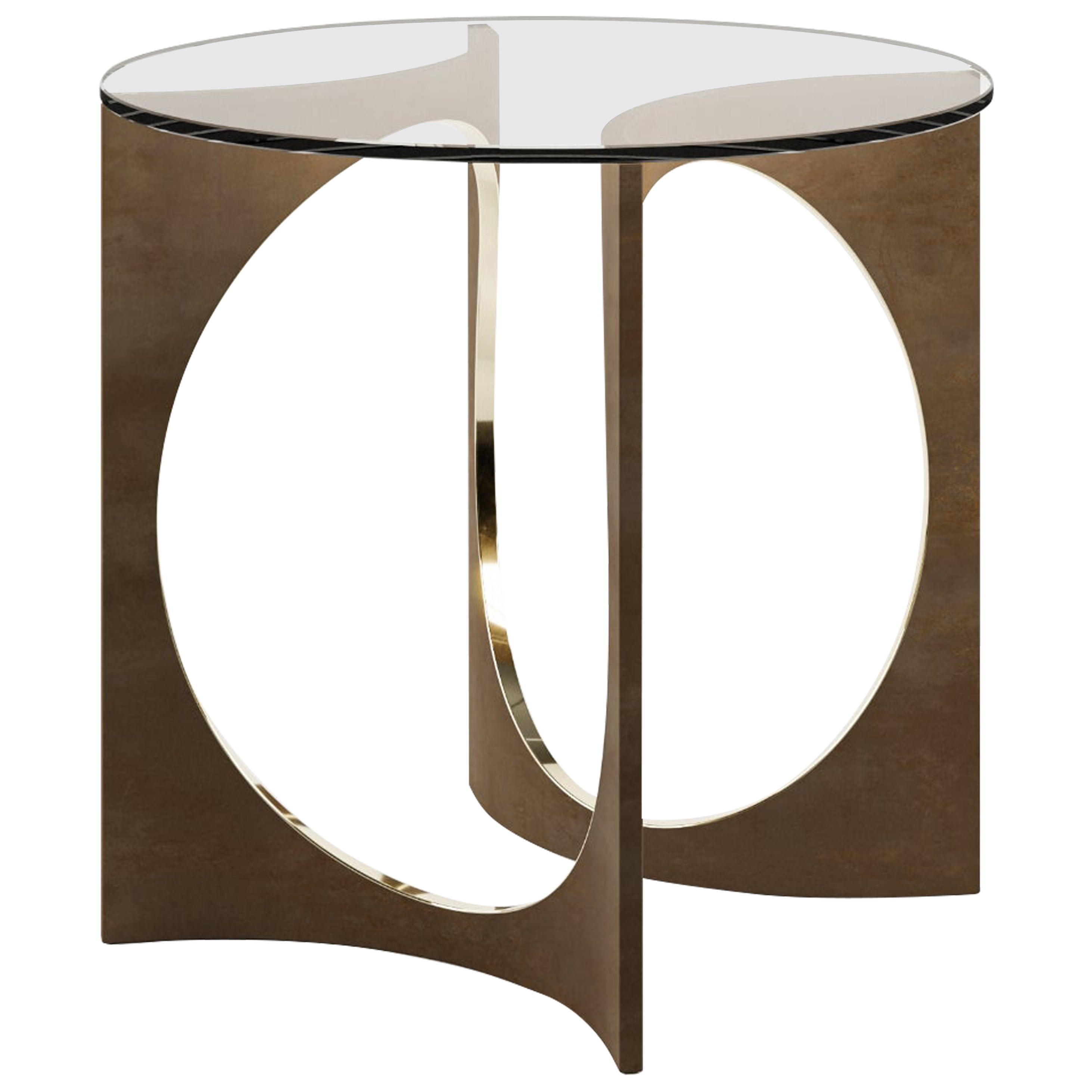 Table de déjeuner ronde en Patina Fuga avec plateau en verre par Metamorphic Art Studio