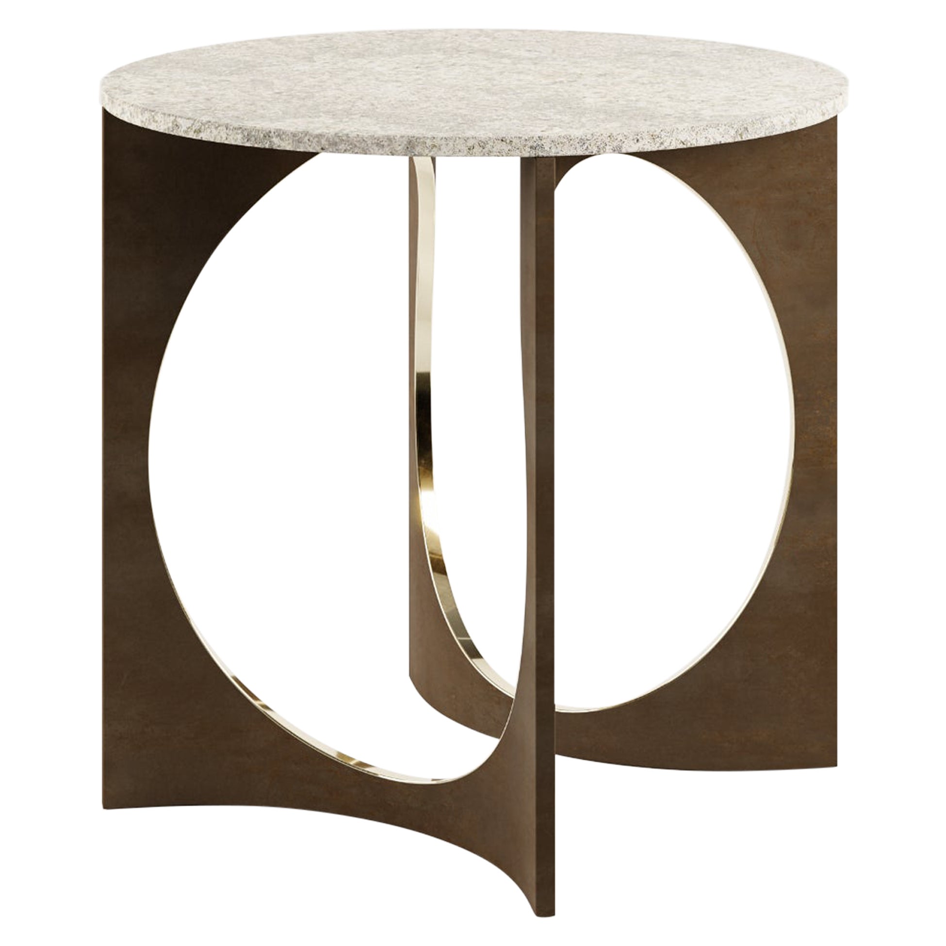 Round Patina Fuga Breakfast Table with Stone Top by Metamorphic Art Studio