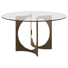 Round Patina Fuga Dining Table with Glass Top by Metamorphic Art Studio