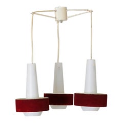 Mid-Century, Philips Attributed Milk Glass Chandelier with Red Velvet Shades