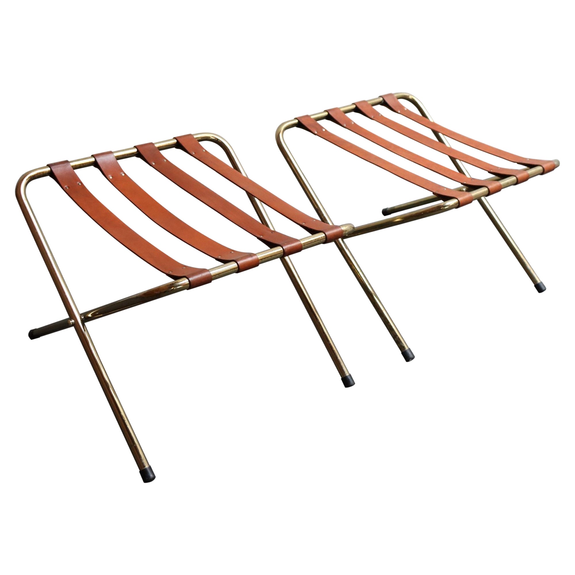 Pair of Vintage Italian Leather and Brass Foldable Portavaligie / Luggage Stands For Sale